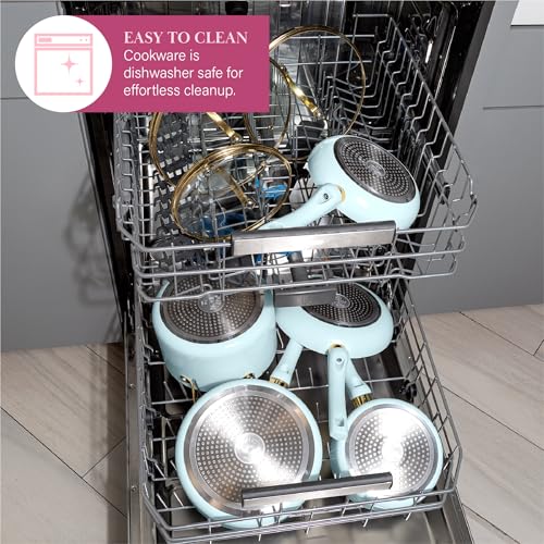 Image of Paris Hilton Epic Nonstick Pots and Pans Set, Multi-layer Nonstick Coating, Tempered Glass Lids, Soft Touch, Stay Cool Handles, Made without PFOA, Dishwasher Safe Cookware Set, 12-Piece, Aqua