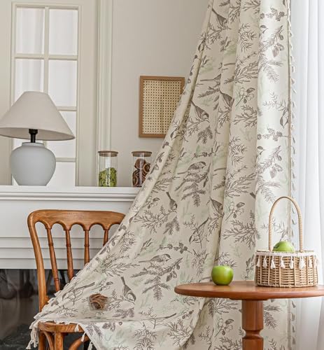 Image of Bird Botanical Curtains 96 Inches Long, Boho Farmhouse Light Filtering Rod Pocket Drapes with Tassel Trim for Bedroom Living Room, 2 Panels