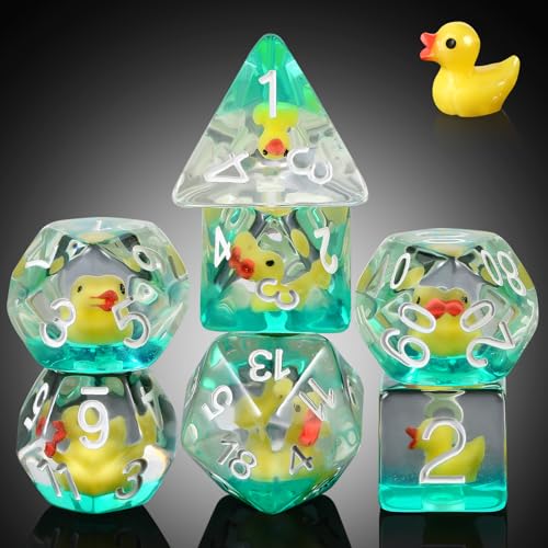 Duck DND Resin Dice, DNDND 7PCS Dungeons and Dragon Dice Set with Velvet Bag for D&D Role Playing Games and Tabletop Games（Duck