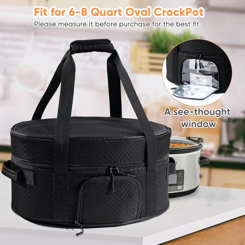 Image of Insulated Slow Cooker Carrying Bag for 6-8 Quart CrockPot and Hamilton Beach Slow Cooker with See-thought Window, Portable Carrier Case with Adjustable Band and Accessory Pocket