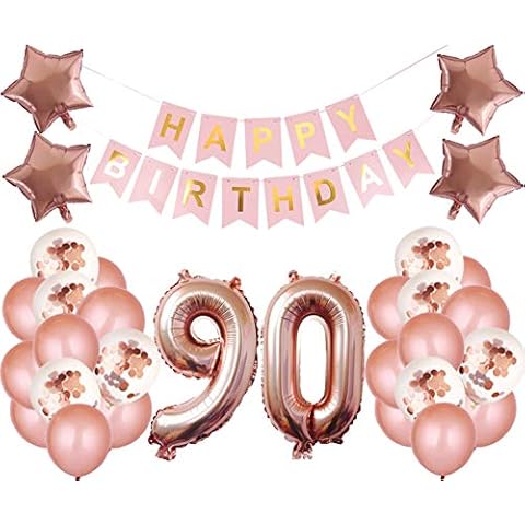 90th Birthday Party Decorations Kit Happy Birthday Banner with Number 90 Birthday Balloons for Birthday Party Supplies 90th Rose Gold Birthday Party Pack Cover