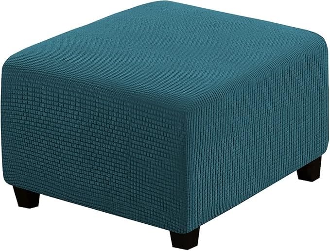 Housse pouf extensible bleu marine | Protection repose-pieds carré 86 cm