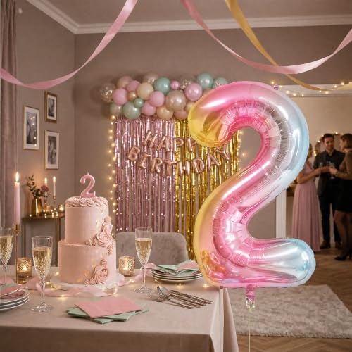 Image of Rainbow Number Balloons Birthday Balloons - Giant Number 2 Balloon 40 inch, Numbers Balloon Birthday Decorations, Rainbow Party Supplies for Baby Shower
