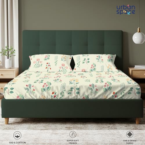 Image of Urban Space Serene 100% Cotton Bedsheet for Double Bed, Floral Queen Size Bed Sheet with 2 Pillow Covers (88 x 100 Inches, Eden Cream)