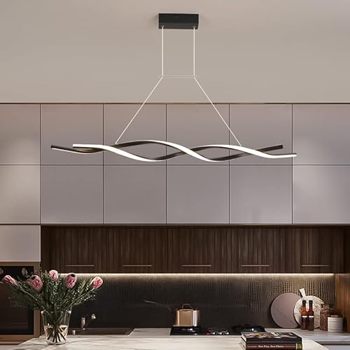 USOR LED Modern Chandelier, Dimmable Ceiling Light with Remote Control L100xW14cm Creative Pendant Lights Fixture Acrylic Wave Black Island Light Linear Chandeliers for Dining Room Living Room Kitchen