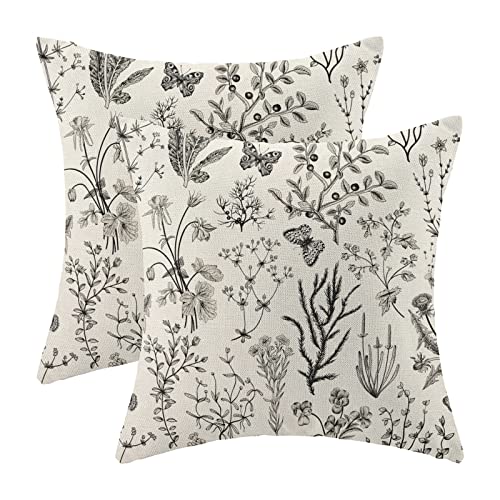 Image of AEIOAE Spring Pillow Covers 20x20 Inch Set of 2,Black Gray Wild Flower Plant Throw Pillows Case,Seasonal Floral Outdoor Decorative Square Linen Farmhouse Decor Cushion Covers for Home Sofa Bed Couch