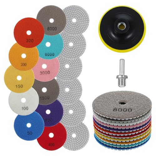 13PCS 4 Inch Diamond Polishing Pads Set, 5/8’’-11 Backer Pad, 50-8000 Grit Pads, Wet/Dry Granite Stone Polish Pad, Grinder Polishing Kit for Granite, Marble, Tile, Stone, Concrete, Quartz Countertop