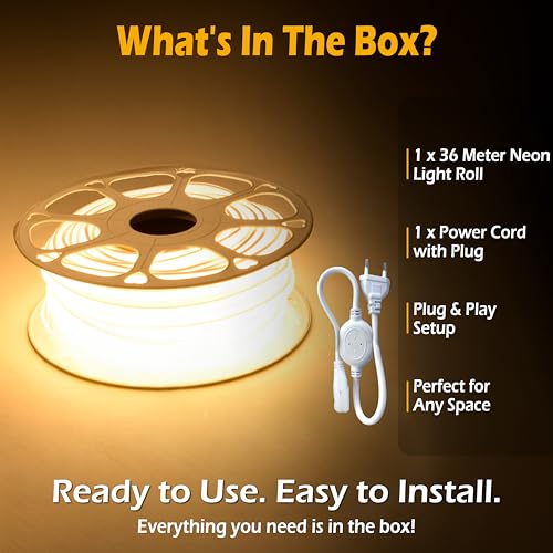 Image of Forus 36 Meter LED Neon Strip Light, 10mm Warm White Waterproof Flexible 36M COB Neon Rope Light, Cuttable LED Strip for Indoor Outdoor Wall Decor, Home, Shop, Party, Festival Lighting 1-Yr Warranty