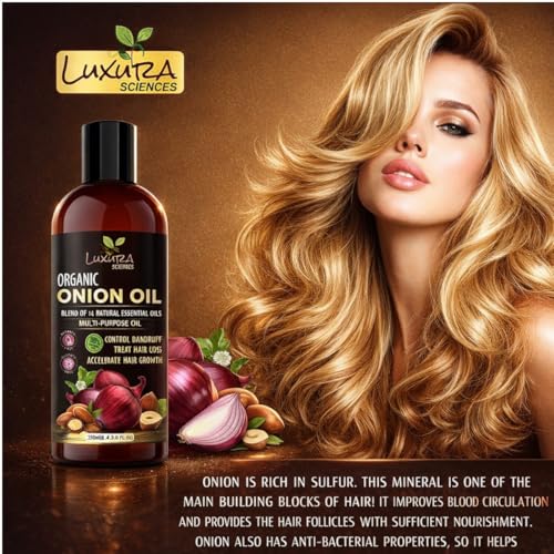 Image of Luxura Sciences Onion Hair Oil 250 ML with 14 Essential Oils, Multi-Purpose Hair Growth Oil /Serum For Complete Hair Treatment with Argan, Bhringraj, Hibiscus, Sesame,Amla,Sweet Almond, Olive and more.