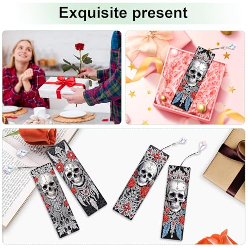 Image of 4 Pcs DIY 5D Diamond Painting Bookmark Kit - Special Shaped Crystal Rhinestones, Rose Skull Diamond Art Bookmarks with Crystal Pendant Tassels, Handmade Decorative Bookmarks Gift Set for Book Lovers