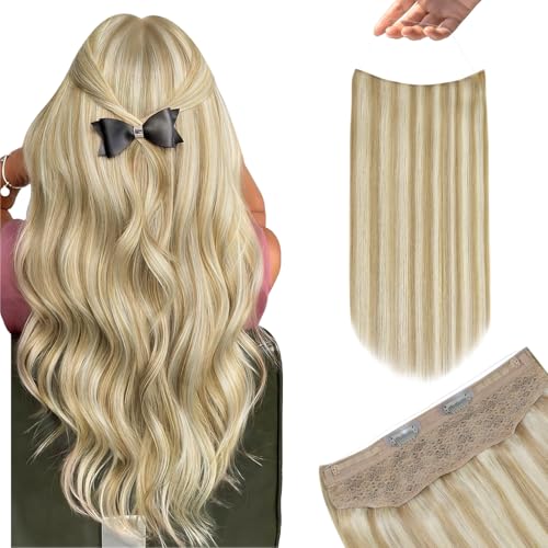 Image of YoungSee Wire Human Hair Extensions Balayage Wire Hair Extensions Real Human Hair Ombre Medium Brown to Caramel Blonde with Brown Fish Line Remy Hair Extension 14 Inch 70g