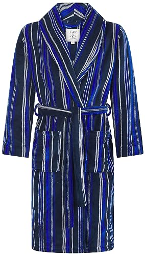 John Christian Men's Warm Fleece Dressing Gown, Navy Blue, Blue and Light Grey Stripes (L)