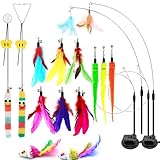 BURCHLIFE 4-in-1 Interactive Cat Toys Set - Feather, String,Suction Cup Cat Toy Stick & Wand Toys with 15 Replaceable Attachments for Indoor Cats