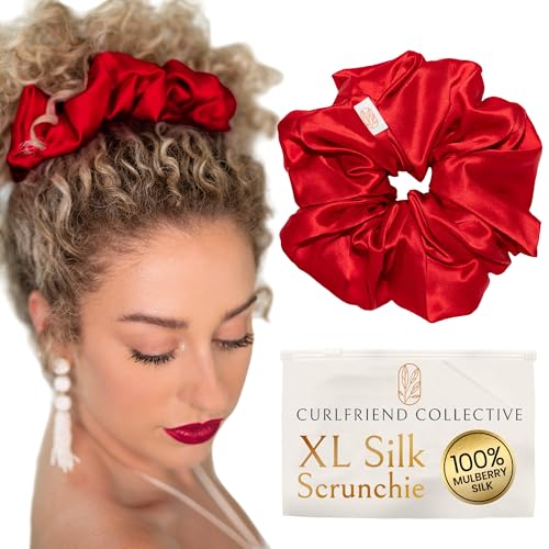 Image of Silk Scrunchies Ponytail Holders - Oversized Mulberry Silk Scrunchies - Extra Large No Damage Hair Ties for Curly, Thick, and Thin - Hair Accessories for Women - Poppy Razzi Red, XL By Curlfriend