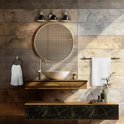 Image of GLOBE Electric 63000058 5-Piece All-in-One Bathroom Accessory Set, Brass & Black, 3-Light Vanity Light, Towel Bar, Toilet Paper Holder, Towel Ring, Robe Hook, Bathroom Lights Over Mirror