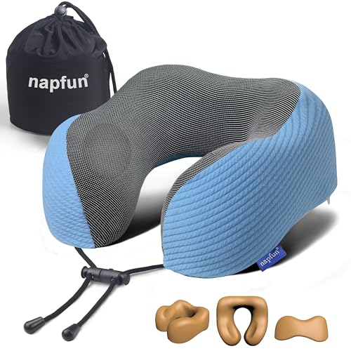 Image of napfun Neck Pillow for Traveling, Upgraded Travel Neck Pillow for Airplane 100% Pure Memory Foam Travel Pillow for Flight Headrest Sleep, Portable Plane Accessories, Sky Blue