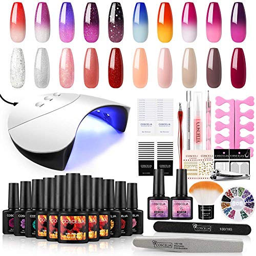 Coscelia Gel Nail Polish Kit- 10 PCS Tempreture Color Changing Nail Gel and 10 Colors Pure Gel Nail Polish Set with 36W Nail Dryer Curing Lamp Gel Starter Kit