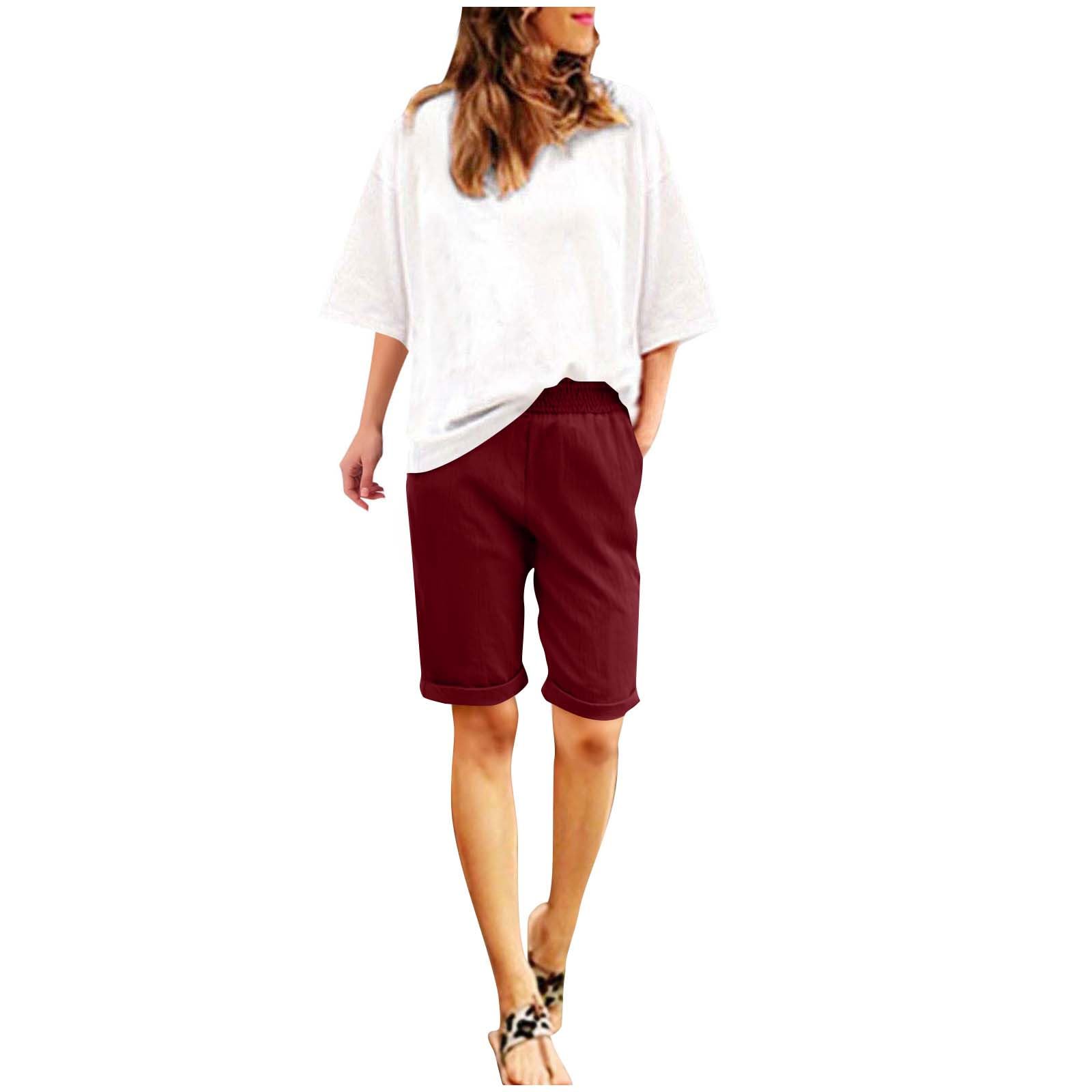 Womens Wide Leg Linen Bermuda Shorts with Pockets High Waist Summer Casual Knee Length Pants Trendy Beach Shorts(Wine,Small)