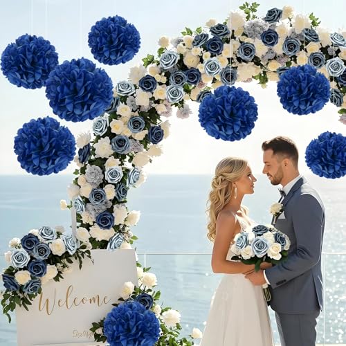 Image of 10 Pcs Paper Pom Poms Flowers for Wedding, Birthday Party, Baby Shower, Nursery Decor, Bachelorette Party Hanging Decor, Easy Joy (10 inch, Navy Blue)