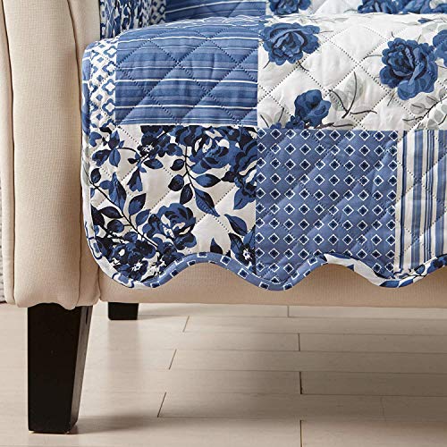 Image of Great Bay Home Reversible Patchwork Chair Cover - Washable Slipcover Furniture Protector with Elastic Straps - Perfect for Kids & Pets - Box-Stitched Detail (Navy)