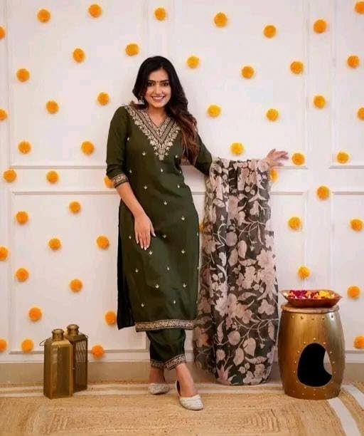 Image of Women's Viscose Rayon Kurta, Pant & Dupatta Set Embroidered Work V Neck 3 /4th Sleeves Straight Salwar Suit Dupatta Set || Comfortable Outfit For Wedding