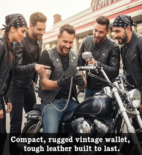 Image of F&L CLASSIC RFID Blocking Men's Tri-fold Vintage Biker Cowhide Leather Steel Chain Wallet,Snap closure, black, skull flag,315-203