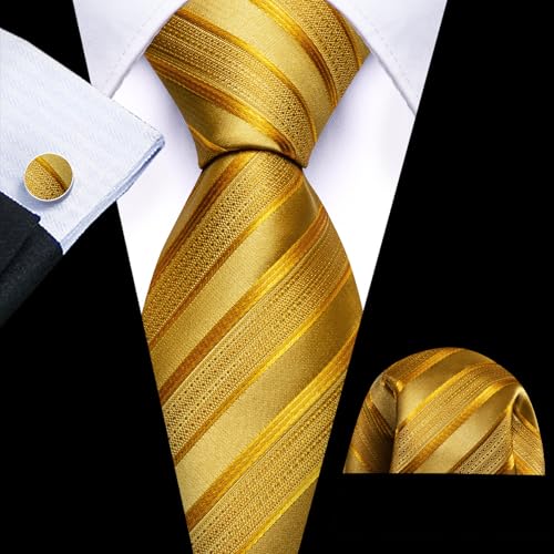 Image of Barry.Wang Tie Sets for Men Silk Stripe Necktie Woven Checkered Handkerchief Cufflinks Formal Business Wedding