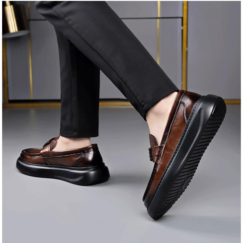 Men's Black/Brown Leather Platform Chunky Slip-On Penny Loafers Comfortable Cowhide Soles Non-Slip Slip-On Walking Shoes4