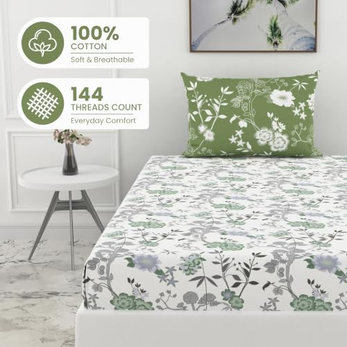 Image of LORETO - A QUALITY LINEN BRAND 144 TC 100% Pure Cotton Single Fitted Bedsheet with 1 Pillow Cover for 72 x 36 Inch Mattress, All-Around Elastic, 8 Inch Deep Pocket, Sage Green Floral Harmony