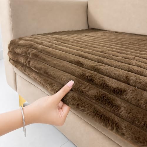 Image of Homerz Premium Rabbit Fur Sofa Cover with Anti-Skid Backing, Soft Plush Fabric Sofa Protector for Living Room Furniture (Brown, 6 (3+2+1) Seater, Only Seat Cover)