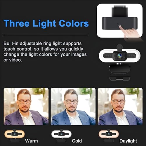 Image of Webcam Full HD 1080p with Built-in Microphone and 3 Colour LED Light, XVersion USB Plug & Play Web camera for PC /Laptop /Streaming /Meetings / 360 Degree Rotation, 1 Year Manufacturer Warranty - Black