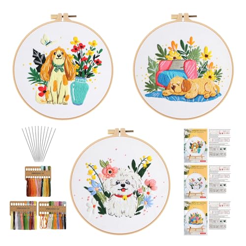 Image of GLTAYLMY Cute Dogs Embroidery Kit for Beginners with Pattern and Instructions,3 Pack Cross Stitch Kits,1 Plastic Embroidery Hoops,Threads and Needles,Needlepoint Kit for Adults