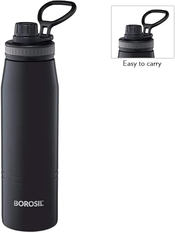 BOROSIL Vacuum Insulated Copper Coated Inner Hydra Water Bottle|Sports Bottle|Yoga Bottle|Outdoor|PortableLeak Proof|ReusableWater Bottle Black, 600ML,BT0600BK102