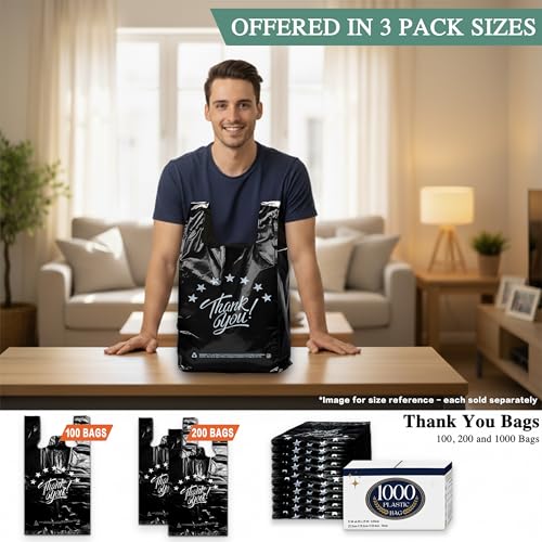 Image of YoYoRain 1000 Count Black inchThank You inch T-Shirt Bags - Reusable & Disposable Grocery & Supermarket Carry Bags, 11 inchx6 inchx21 inch