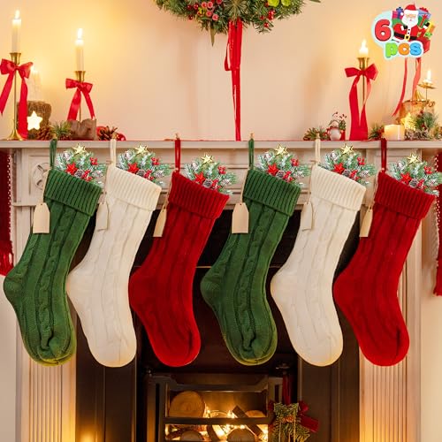 JOYIN 6 Pcs 18'' Christmas Stockings Large Size Knitted Stocking Set in Burgundy Red Green & Ivory with Writable Wooden Name Tags Decorations Family Holiday Xmas Party Decor