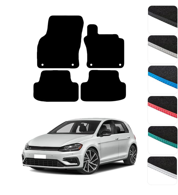 GCM - Car Floor Mats for Volkswagen Golf Mk7 2013-2019 Full Coverage Floor Protection - Anti Slip & Fit Car Mat with Clips Easy to Clean Car Carpet for All-Weather- Black Edging Carpet