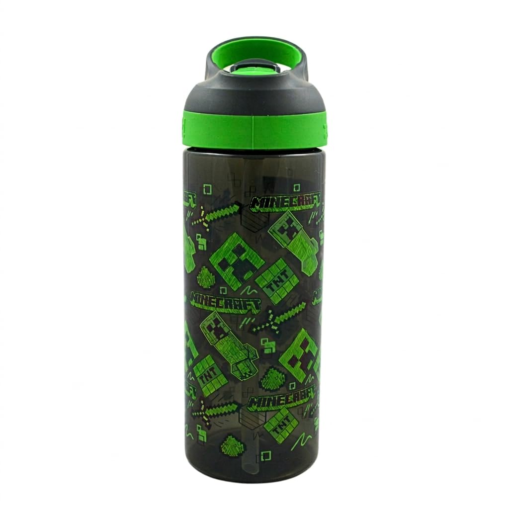 HOX Minecraft Creeper 600ml Drinks Bottle Eco Friendly School Water Bottle + Removable straw, Leak Proof BPA-free Plastic Gift for Minecraft fan - Officially licensed Merchandise