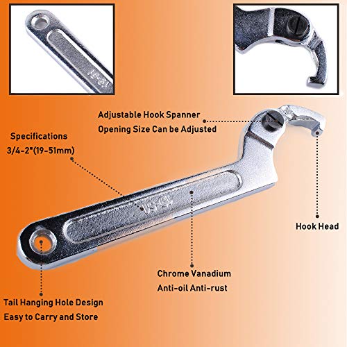 Adjustable C Spanner Hook Wrench Tool, Chrome Vanadium 3/4-2"(19-51Mm)+2-4 3/4"(51-121Mm) Spanner Set-Used to Tighten Side Slot Nuts on Collars, Lock Nuts and Bearings Collets - Image 2