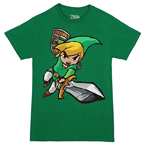Legend of Zelda Link Attack Adult T-Shirt - Green (Large)
