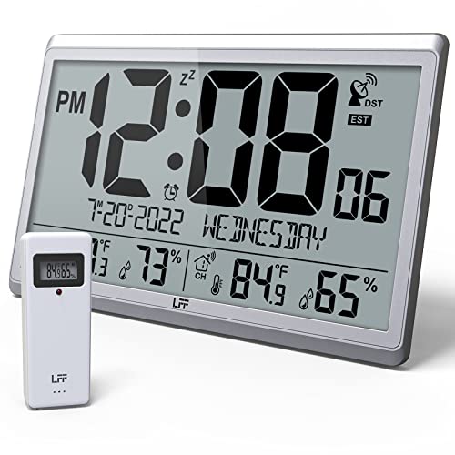 LFF原子時計/設定不要、屋内外の温度と湿度を備えたデジタル壁掛け時計、電池式、ワイヤレス屋外センサー、4.5インチの数字の原子壁掛け時計 読みやすい