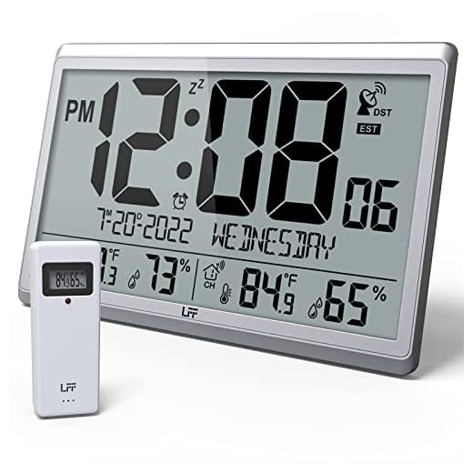 LFF Atomic Clock/Never Needs Setting, Digital Wall Clock with Indoor Outdoor Temperature & Humidity, Battery Operated, Wireless Outdoor Sensor, Atomic Wall Clock with 4.5" Numbers Easy-to-Read