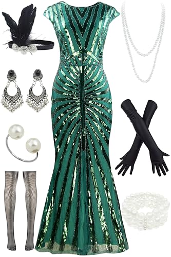 Image of Women Evening Maxi Long Dress 1920s Sequin Mermaid Hem Wedding Prom Gown Costume w / 20s Gatsby Accessories Set