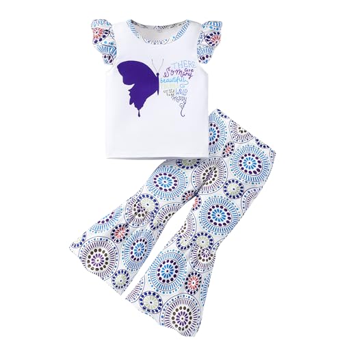 Image of Girl 2pcs set with ruffle sleeves top flared pants spring summer short sleeves 4-12Y
