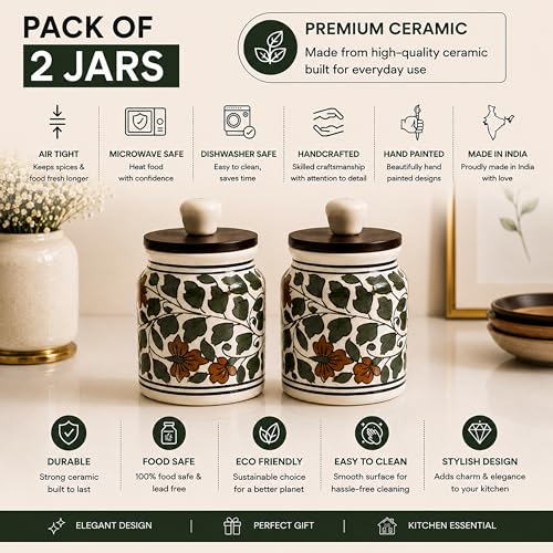 Image of Ceramic Kitchen Jars for Storage | Air Tight Containers with Wooden Lids | Masala, Salt, Pickle, Dry Fruits & Multi Utility Items Organiser Set (Hand-Painted, Green Leaf, 450 ML, Pack of 2)