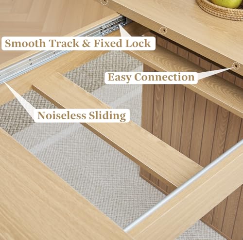 Image of 55 in-71 in Extendable Rectangular Dining Table for 4-6, Modern Farmhouse Expandable Kitchen Table with Carved Line Base, Wooden Dinner Table for Kitchen Living Room Home Office (Natural)