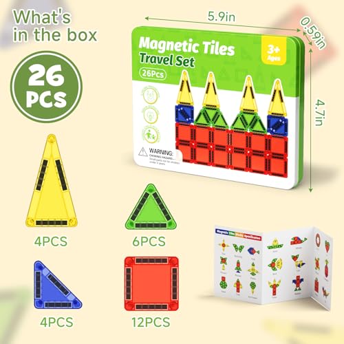 Image of Travel Magnetic Tiles for Kids Car Games Road Trip Essentials | 26 PCS Mini Magnet Building Blocks in Tin Box to Stop Crying - 0.64 lb Pocket Size Educational Toy- Boys Girls Age 3-8