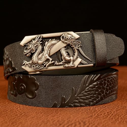 Men's Leather Dragon Print Ratchet Dress Belt With Automatic Adjustable Buckle - Engraved Dragon Cut To Fit3