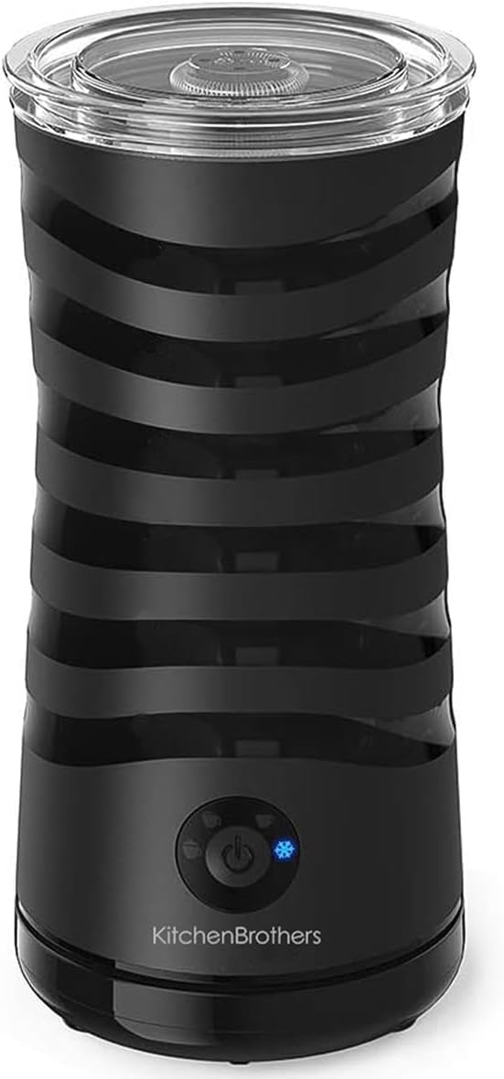 KitchenBrothers 4-in-1 Milk Frother, black with a clear lid