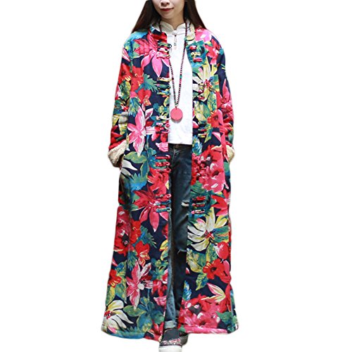 LZJN Women Floral Print Trench Coat Casual Long Jacket Fluff Inside