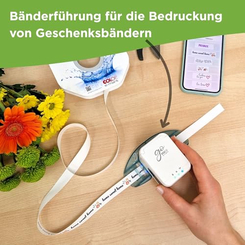 Colop e-Mark go Set. Bestehend aus dem mobilen Drucker e-Mark GO, Lineal, Führungsschiene für Bänderbedruckung, Band 15 mm, sowie PVC-Schilder zur Schilderbedruckung und Broschüre. weiß